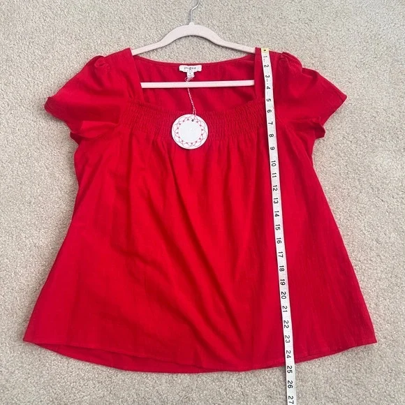 New Umgee USA Red Short Sleeve Smocked Square Neckline Blouse Top Cotton - Picture 7 of 9